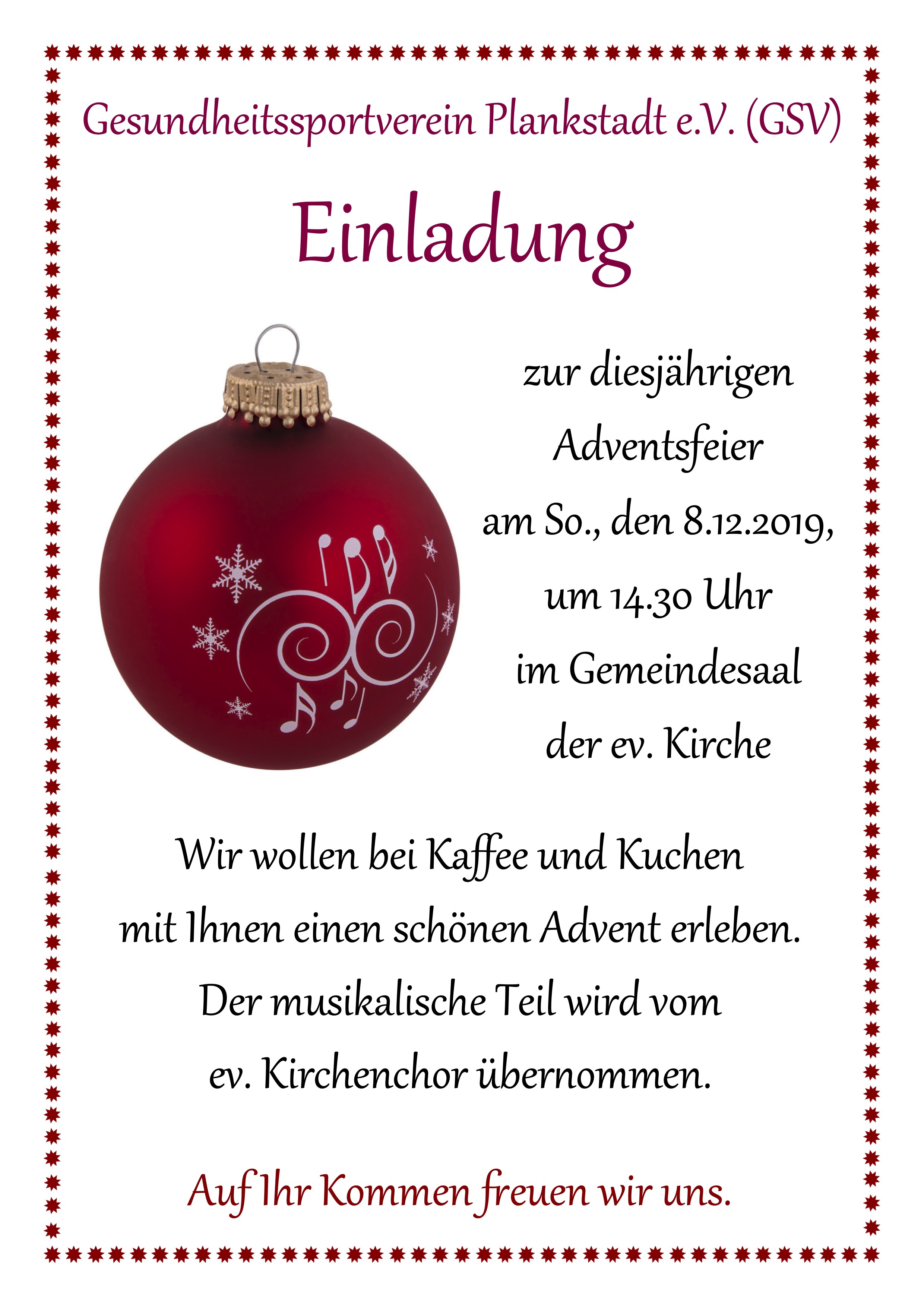 Einladung zur Adventsfeier für alle Mitglieder, Aktive und Freunde des Gesundheitssportvereins